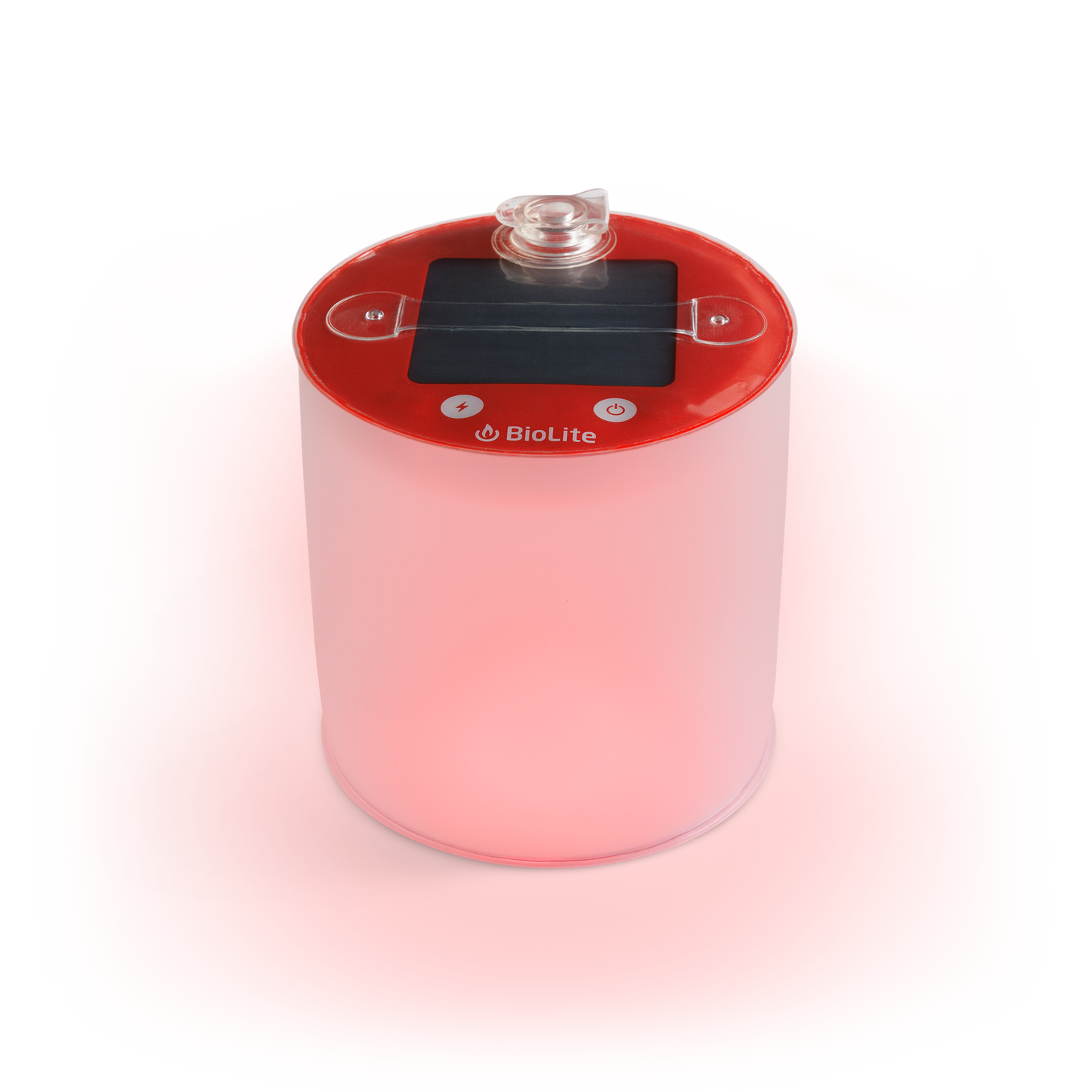 The BioLite Luci Emergency is a cylindrical inflatable lantern with a red top, integrated solar panel, and power button that emits soft pinkish light—ideal as a solar-powered camping lantern or emergency light.