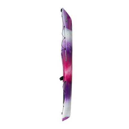 A Perception Expression 11.5 kayak with a purple and pink design leaning against a black background with white lines, designed for performance touring.
