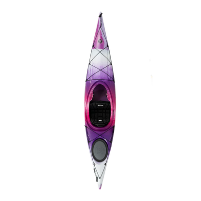 A purple Perception Expression 11.5 performance kayak positioned vertically on a black background with white horizontal lines.