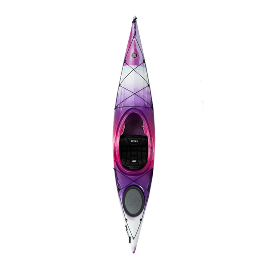 A purple Perception Expression 11.5 performance kayak positioned vertically on a black background with white horizontal lines.
