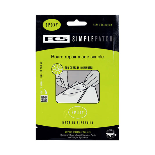 Front of an FCS Simple Repair Patch-Epoxy kit package with product details, usage illustration, a durable fiberglass patch for permanent epoxy board repair, and a “Made in Australia” label on a green and black background.