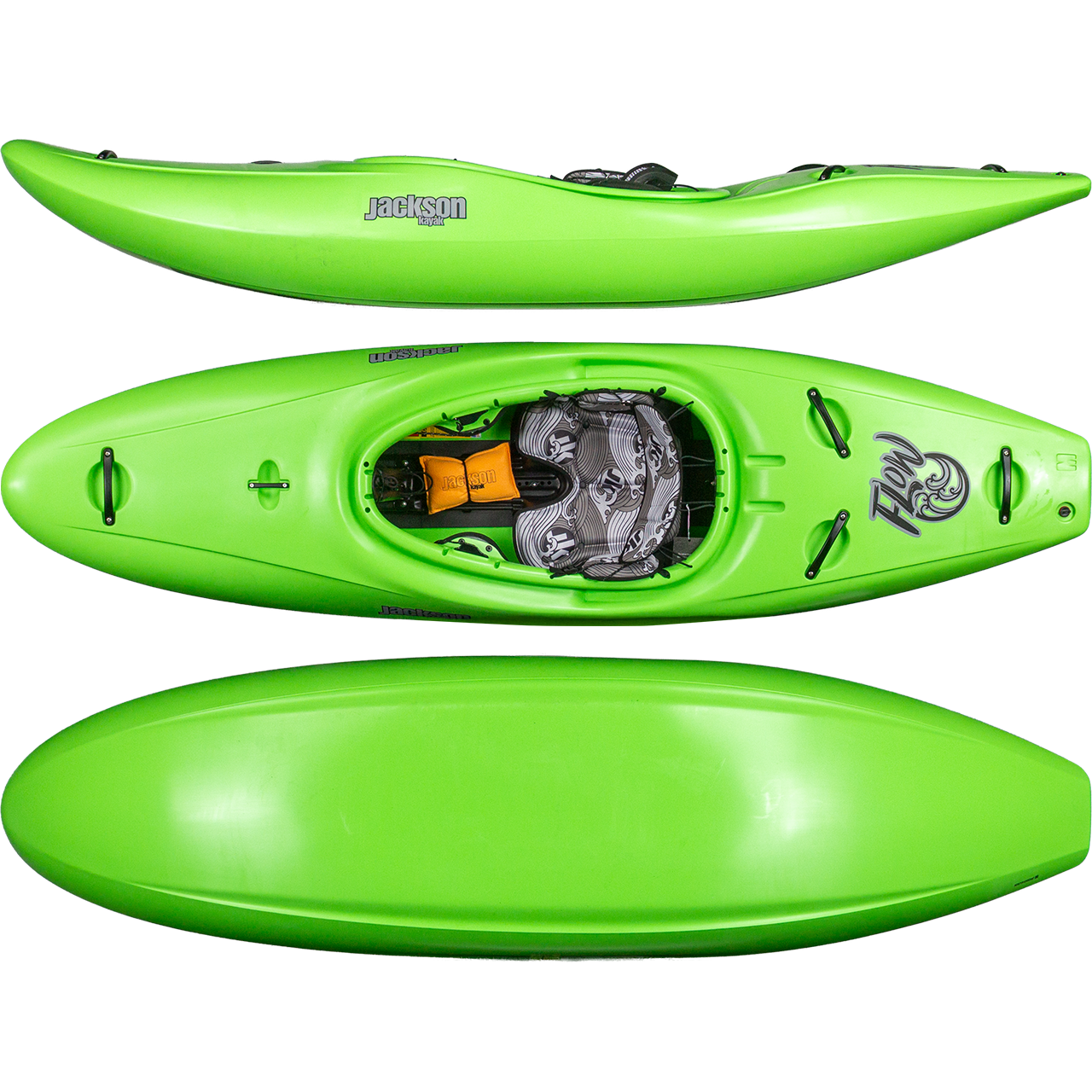 The Jackson Kayak Flow whitewater kayak in bright green is shown from side, top, and bottom views, highlighting its single cockpit and molded seat.