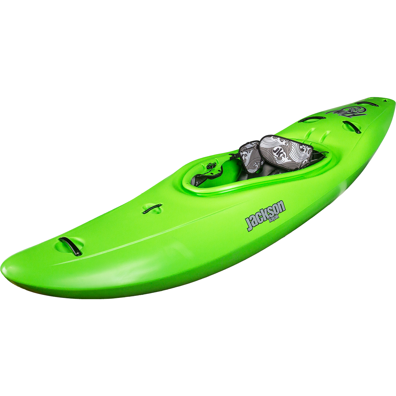 A Jackson Kayak Flow, a vibrant green single-person creek boat with a black and white padded seat, is displayed on a white background.