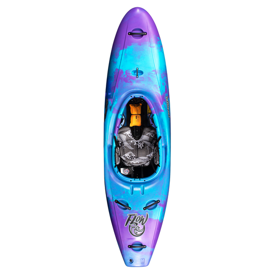 Top view of the Jackson Kayak Flow whitewater kayak in a vibrant blue and purple gradient, featuring a black and white patterned seat and "Flow" branding near the front.