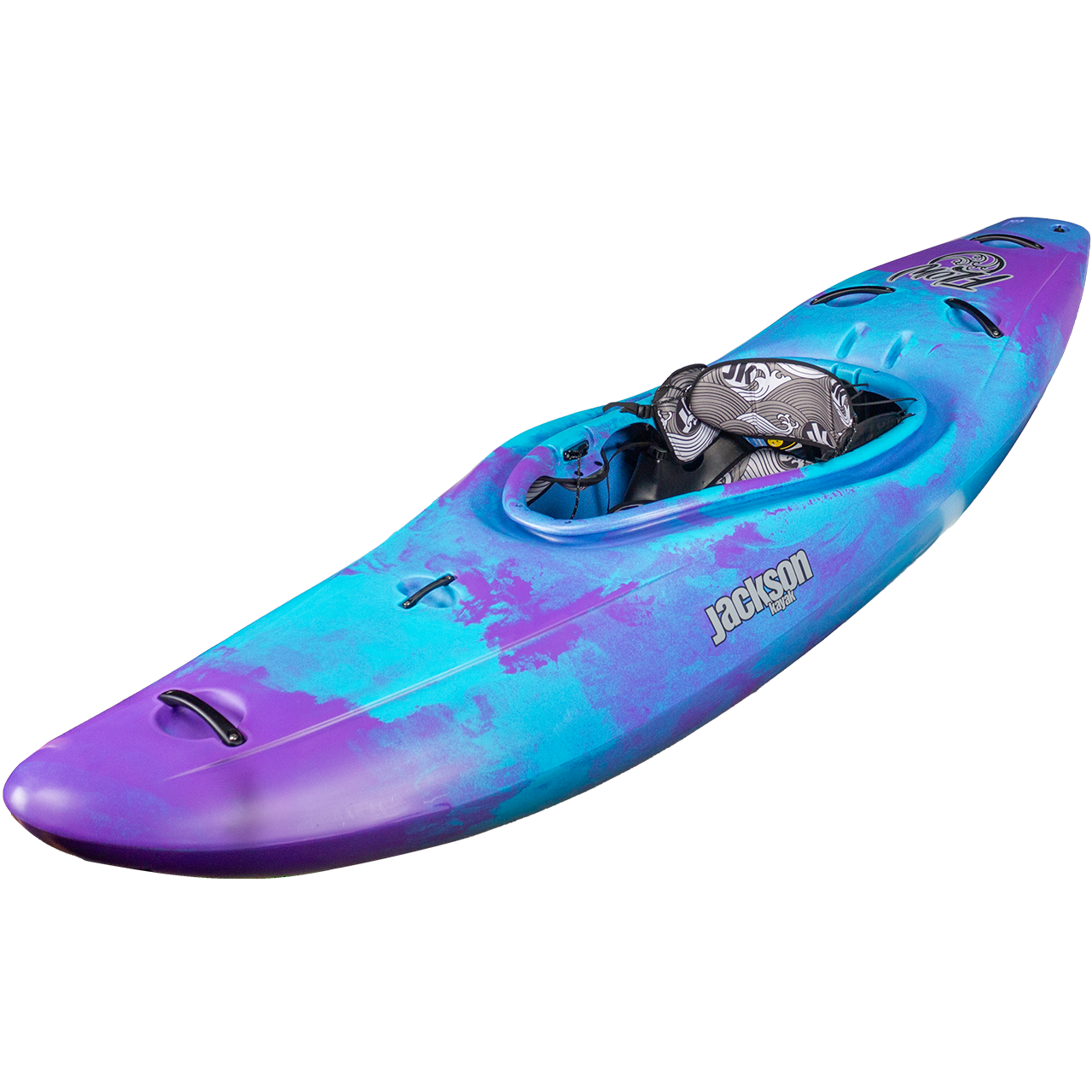 A Jackson Kayak Flow whitewater kayak in blue and purple, featuring a single cockpit and footrests, shown at an angle displaying the top and side.