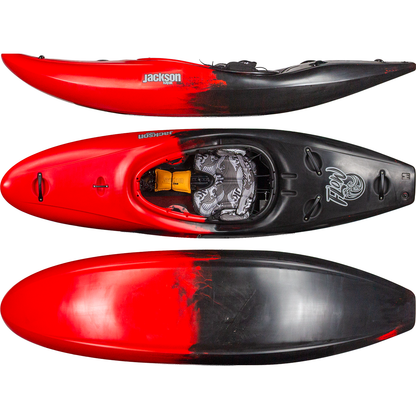 The Jackson Kayak Flow whitewater kayak, shown in red and black from side, top, and bottom views, highlights its spacious cockpit, comfortable seat, and versatile creek boat design.