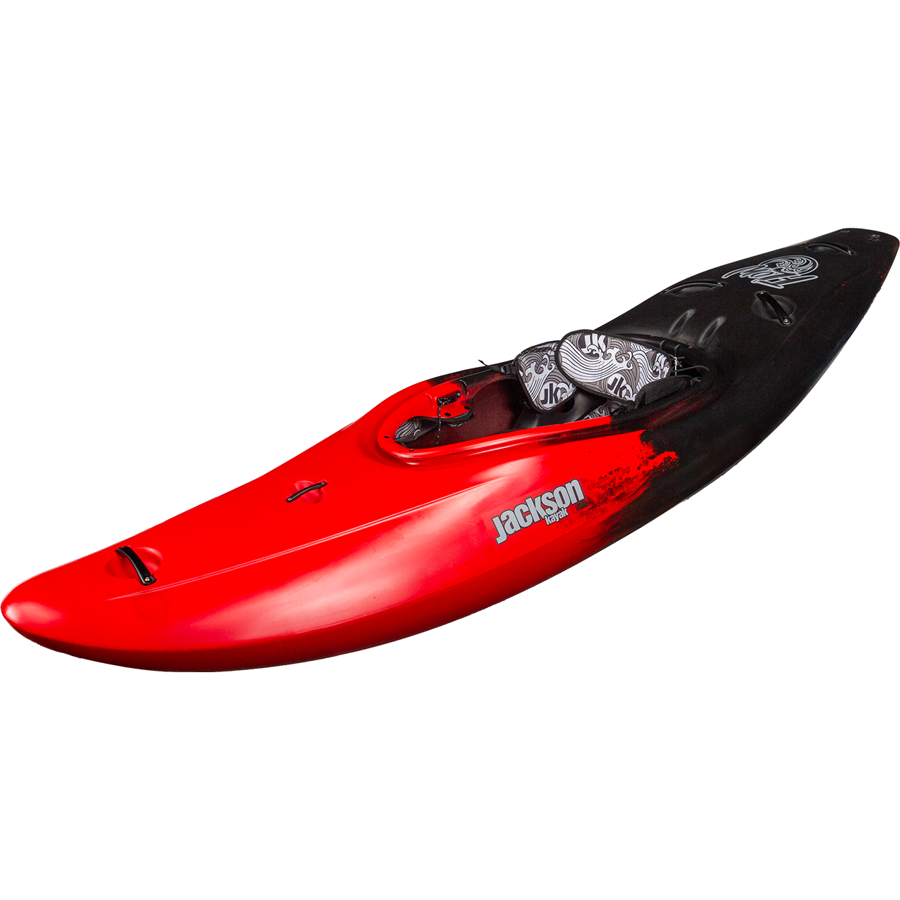 A Jackson Kayak Flow whitewater kayak in red and black, featuring a cockpit seat and footrests, displayed on a white background.