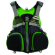 The Stohlquist Fisherman PFD is a Type III personal flotation device featuring a green and black design, multiple pockets, adjustable gray straps, and branding logos.