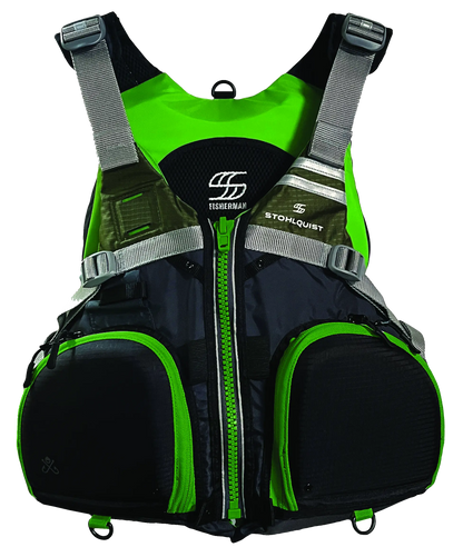 The Stohlquist Fisherman PFD is a Type III personal flotation device featuring a green and black design, multiple pockets, adjustable gray straps, and branding logos.