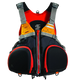 The Stohlquist Fisherman PFD, in red, black, and yellow, features multiple pockets and adjustable gray straps. Its Type III design ensures safety on your fishing adventures.