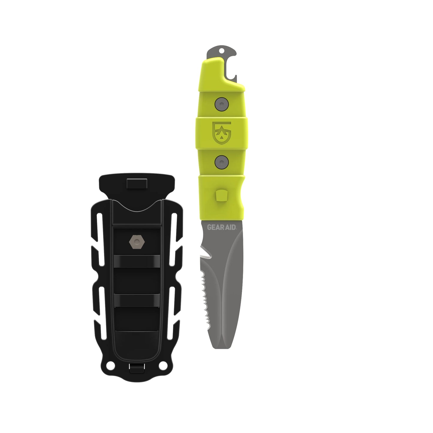 A Gear Aid Akua Knife with a green handle and a black handle.