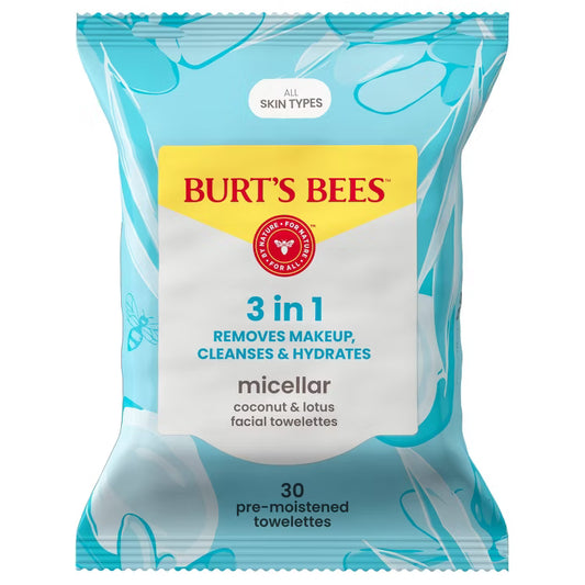 A pack of 4Corners Riversports Burt's Bees Coconut & Lotus Facewipes includes 30 pre-moistened towelettes for makeup removal, cleansing, and hydration—suitable for all skin types.