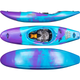 The Jackson Kayak Gnarvana creek boat is shown in blue and purple from side, top, and bottom views, highlighting its central cockpit with seat and foot rests.