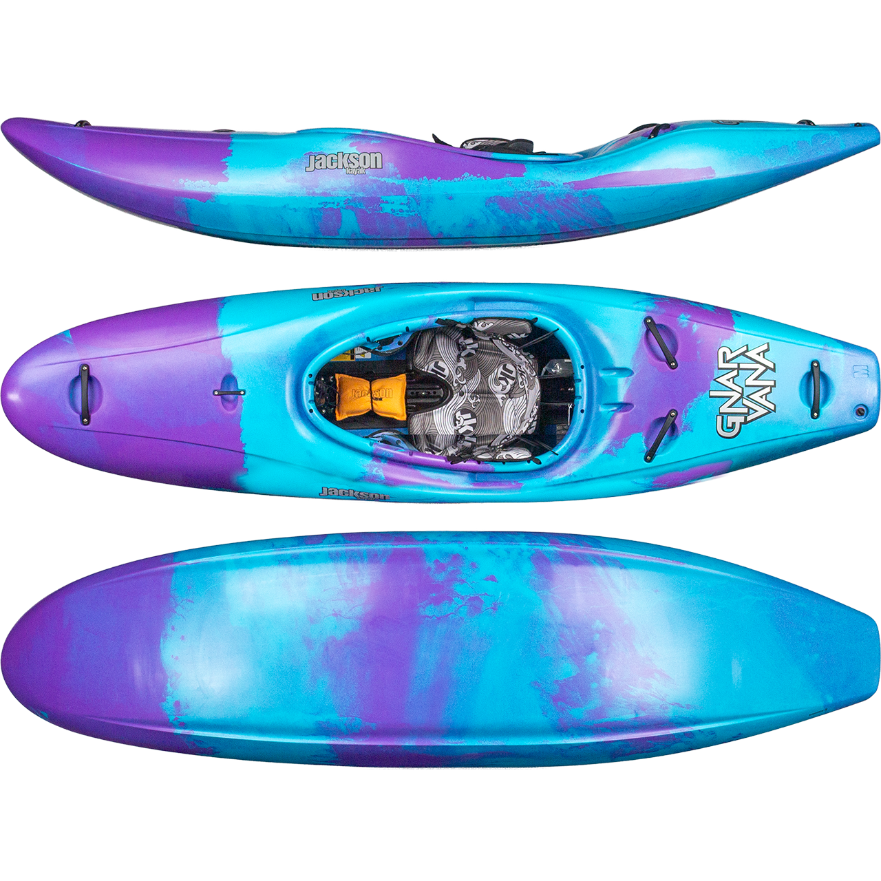 The Jackson Kayak Gnarvana creek boat is shown in blue and purple from side, top, and bottom views, highlighting its central cockpit with seat and foot rests.