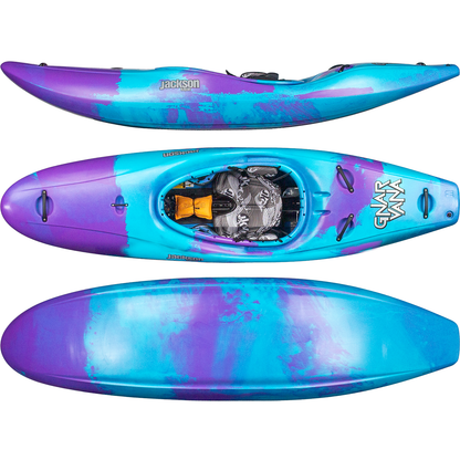 The Jackson Kayak Gnarvana creek boat is shown in blue and purple from side, top, and bottom views, highlighting its central cockpit with seat and foot rests.