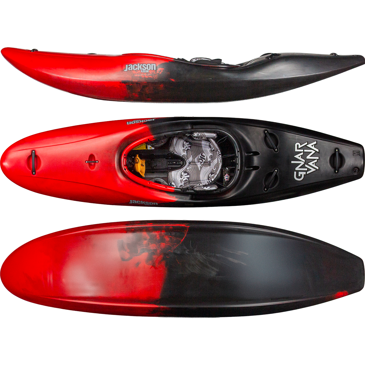 A Jackson Kayak Gnarvana creek boat in red and black, shown from side, top, and bottom angles with the "GNARVANA" logo on the deck.