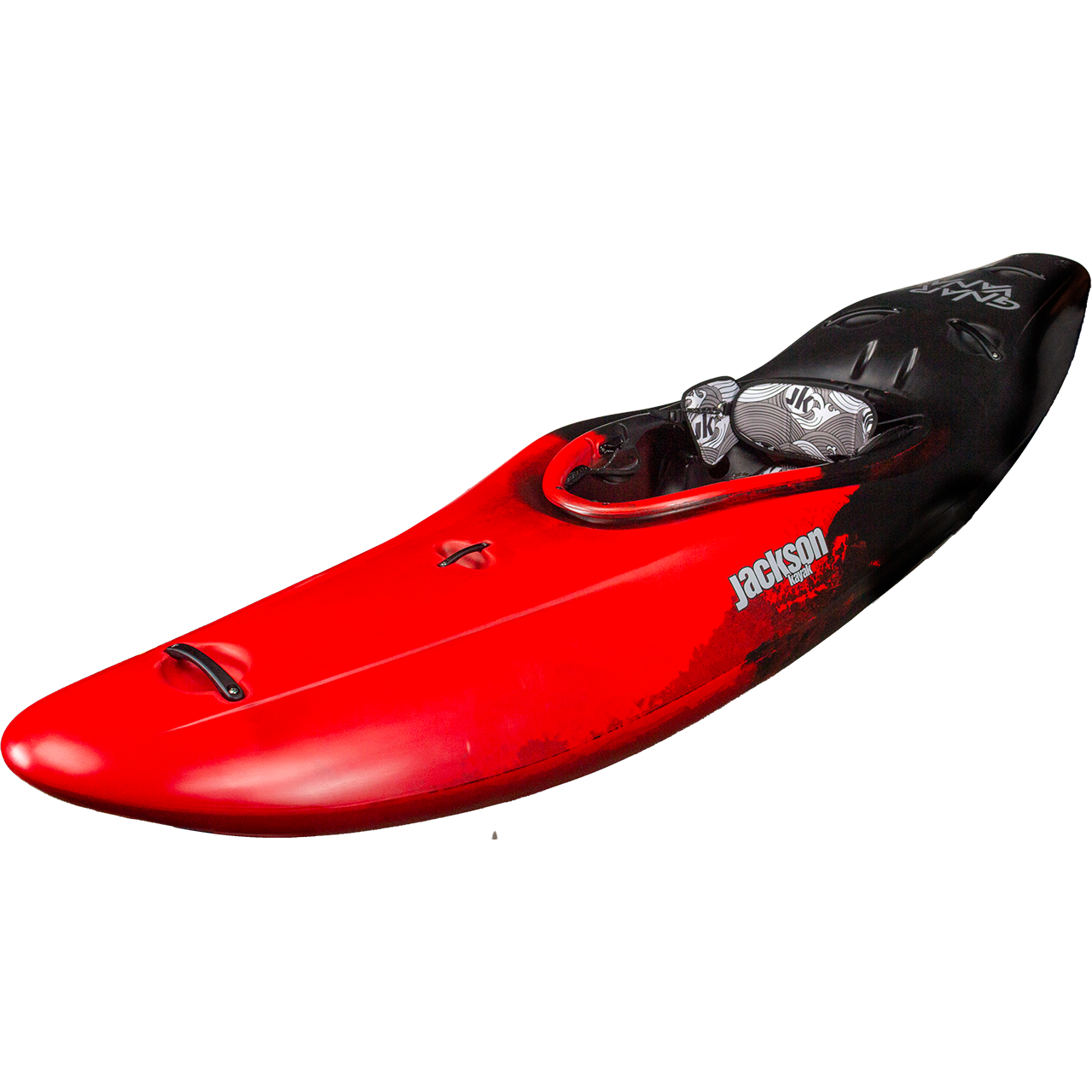 The Jackson Kayak Gnarvana is a red and black single-person whitewater kayak with seat and foot rests, designed for expert performance on challenging rapids.