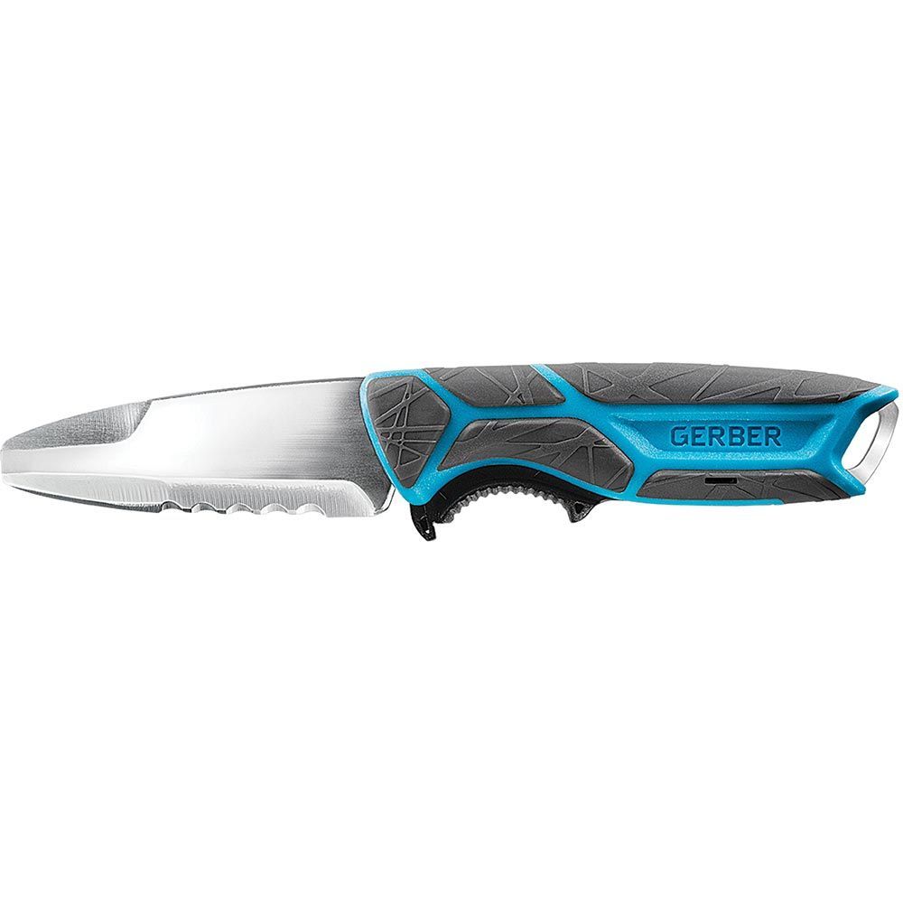 The Gerber Crossriver Knife, a fixed blade knife with a blue handle, is displayed against a pristine white background.
