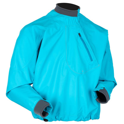 The Immersion Research Zephyr Splash Jacket features a bright blue color, long sleeves, zippered chest pocket, and adjustable cuffs and hem—ideal for river sports. Shown on a plain mannequin torso.