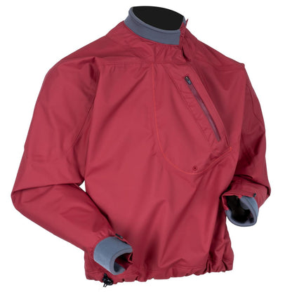The Immersion Research Zephyr Splash Jacket in red is waterproof and breathable, featuring a gray collar and cuffs, zippered chest pocket, and adjustable waist, shown on a featureless mannequin.