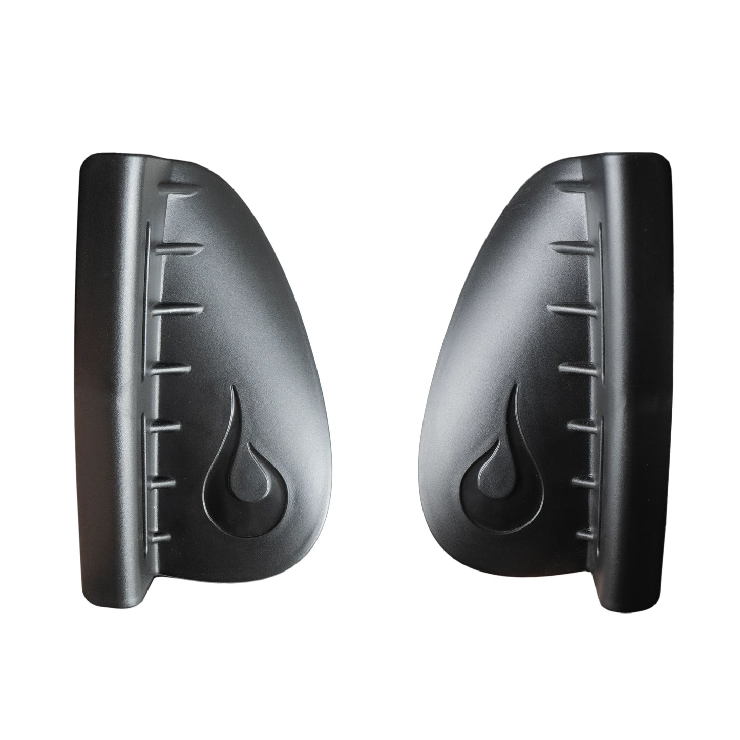 A pair of LiquidLogic Gorilla Grip Thigh Hooks, black curved plastic braces with embossed flame and ribbed details for improved kayak control, are positioned facing each other on a white background.