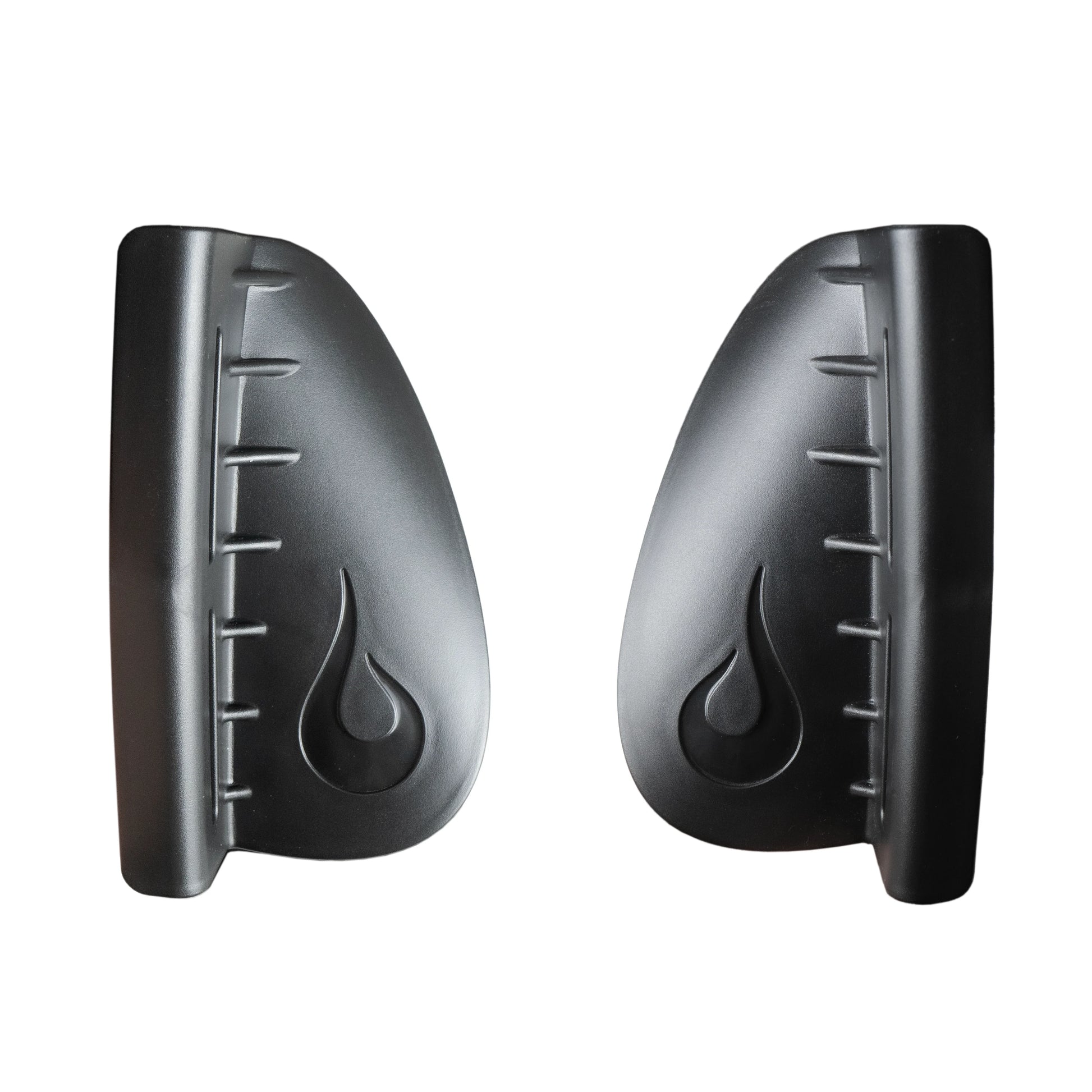 A pair of LiquidLogic Gorilla Grip Thigh Hooks, black curved plastic braces with embossed flame and ribbed details for improved kayak control, are positioned facing each other on a white background.