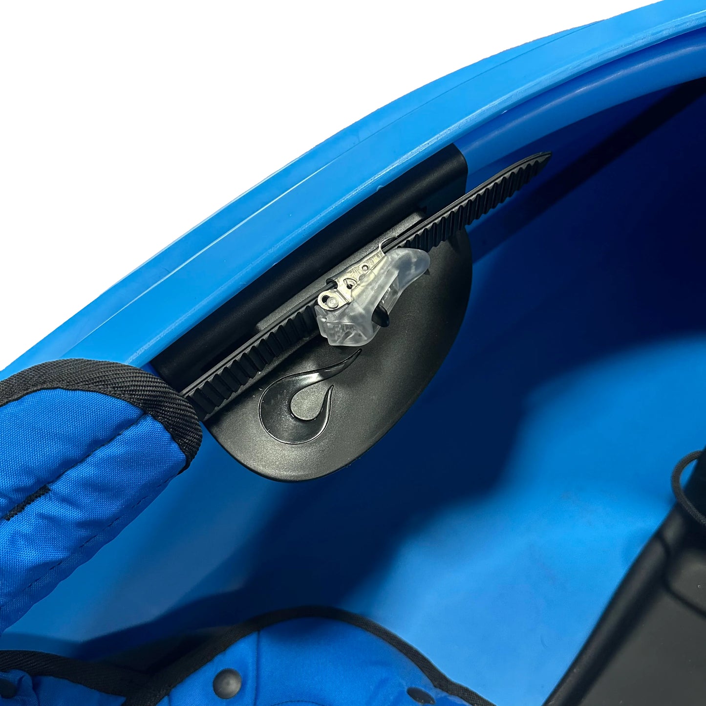 Close-up of Gorilla Grip Thigh Hooks by LiquidLogic: blue kayak cockpit featuring adjustable seat back support, black gear, plastic tightening knob, and built-in thigh braces for enhanced kayak control.
