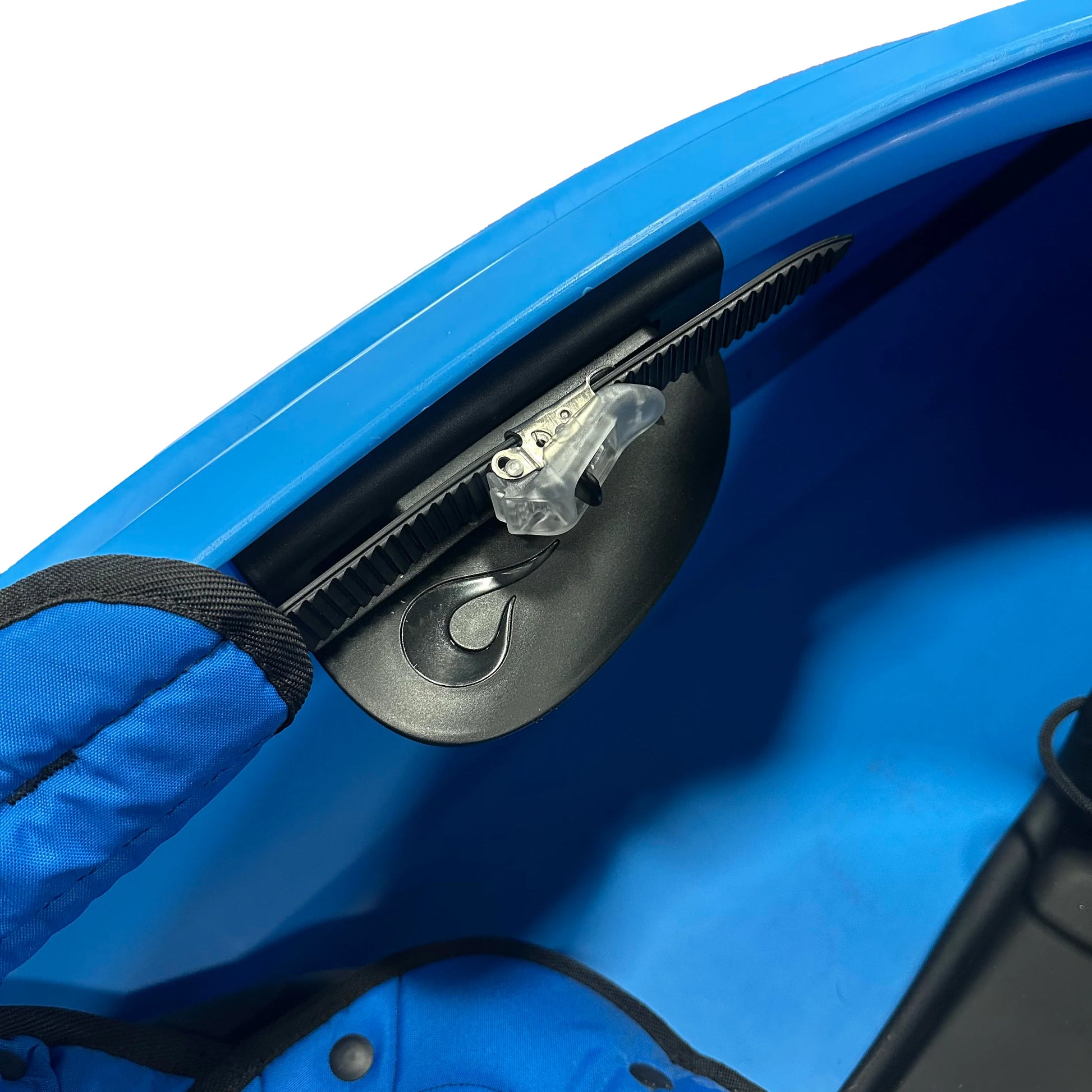 Close-up of Gorilla Grip Thigh Hooks by LiquidLogic: blue kayak cockpit featuring adjustable seat back support, black gear, plastic tightening knob, and built-in thigh braces for enhanced kayak control.