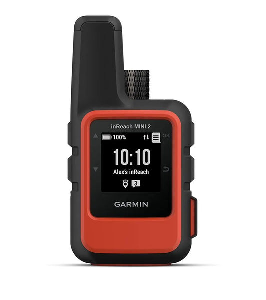 A Garmin inReach Mini 2 satellite communicator with an orange casing and a black strap, displaying the time and battery status on its screen, connected to the Global Iridium Satellite Network.