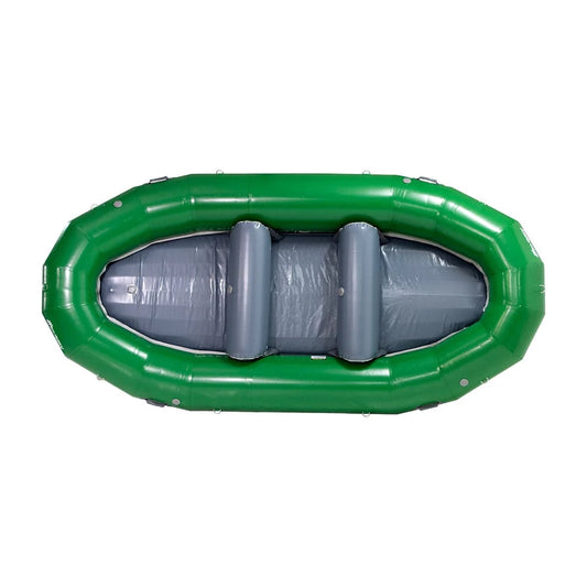 An inflatable green and gray AIRE Tributary HD 12 Self Bailing Raft against a white background, viewed from above.