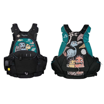 Two Astral GreenJacket Rescue PFDs in black and teal featuring colorful cartoon animal designs on the back offer Freestyle Tectonic features for enhanced safety and style.