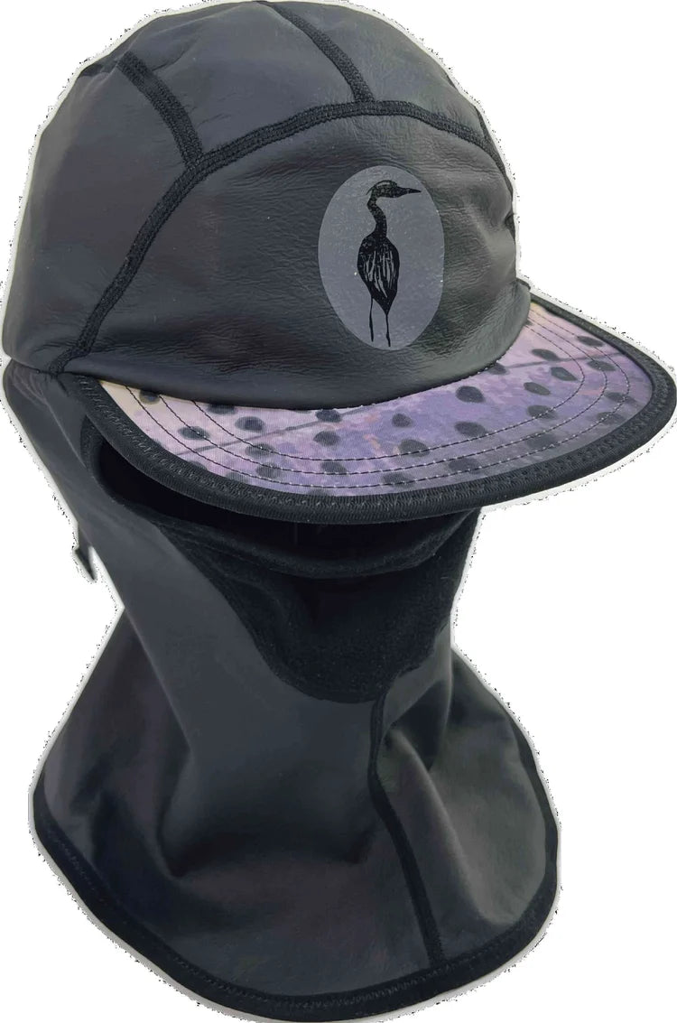 The Nobdody's Guru Balaclava Flat Brim Skull Cap is a black cap with face and neck covering for thermal protection in cold-weather sports, featuring a bird logo on the front and a spotted purple brim.