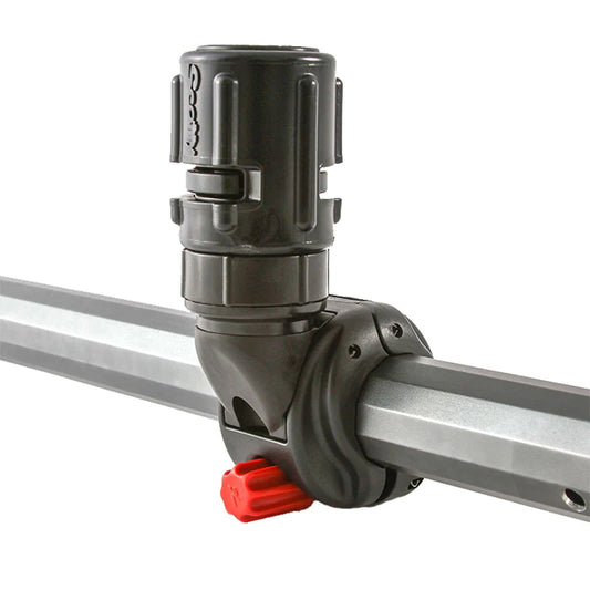 A black H-Rail Scotty Gear Head Mount with a red handle attached to it, compatible with the Hobie H-Rail system.