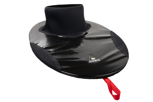 A black plastic hat with a red strap for the Alpacka HD Pack Raft Spray Skirt enthusiast.