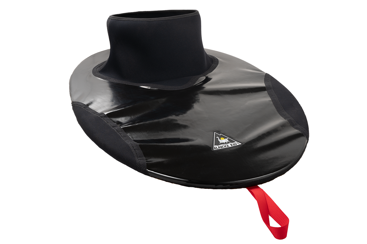 The Alpacka HD Pack Raft Spray Skirt offers protection and style with its black neoprene material, red grab loop, and yellow logo on top.
