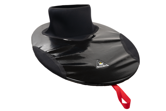 The Alpacka HD Pack Raft Spray Skirt offers protection and style with its black neoprene material, red grab loop, and yellow logo on top.