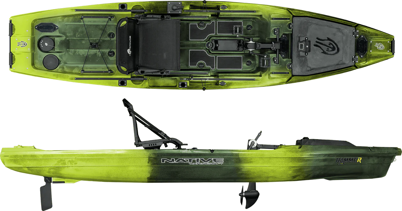 Top and side view of the green Hammer 12'10 pedal drive fishing kayak by Native Watercraft, featuring multiple storage compartments and designed for anglers seeking efficient, hands-free propulsion.