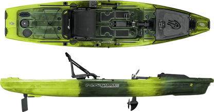 Top and side view of the green Hammer 12'10 pedal drive fishing kayak by Native Watercraft, featuring multiple storage compartments and designed for anglers seeking efficient, hands-free propulsion.