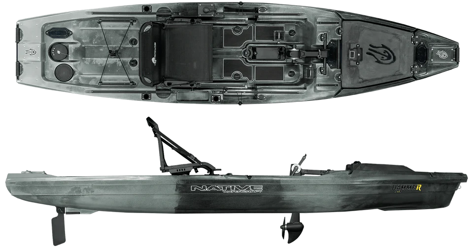 A top and side view of the Native Watercraft Hammer 12'10 pedal drive fishing kayak, featuring storage compartments, a mounted seat, and dual propulsion options for versatile fishing adventures.