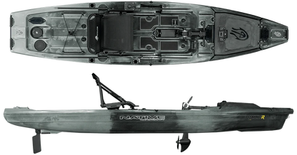A top and side view of the Native Watercraft Hammer 12'10 pedal drive fishing kayak, featuring storage compartments, a mounted seat, and dual propulsion options for versatile fishing adventures.