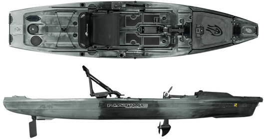 A top and side view of the Native Watercraft Hammer 12'10 pedal drive fishing kayak, featuring storage compartments, a mounted seat, and dual propulsion options for versatile fishing adventures.