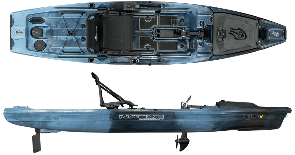 The Native Watercraft Hammer 12'10 is a blue pedal drive fishing kayak featuring an open cockpit, storage hatches, adjustable seat, and rod holders, shown in top and side views.