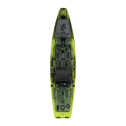 Top view of the Native Watercraft Hammer 12'10: a green pedal drive fishing kayak featuring a black adjustable seat, storage compartments, and mounting points for accessories.