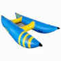 A Badfish Hammer Cat inflatable boat, featuring blue and yellow pontoons and a gray seating area made from durable DuraClear fabric, is displayed against a white background.
