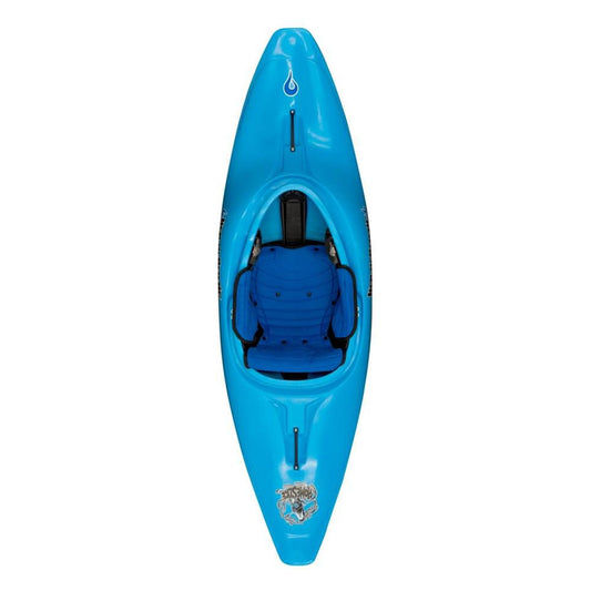 A blue Homeslice playboat kayak on a white background by LiquidLogic.