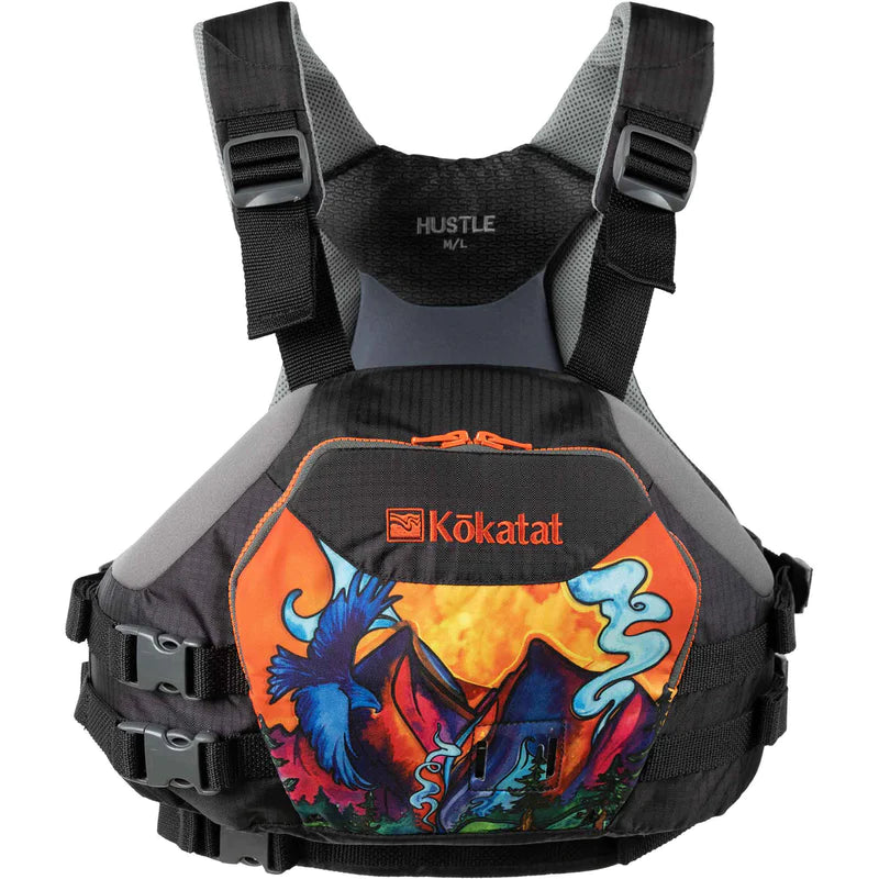A Kokatat Hustle Whitewater PFD kayak life vest designed for the environmentally conscious paddler, featuring a colorful front panel design and enhanced paddler's mobility.
