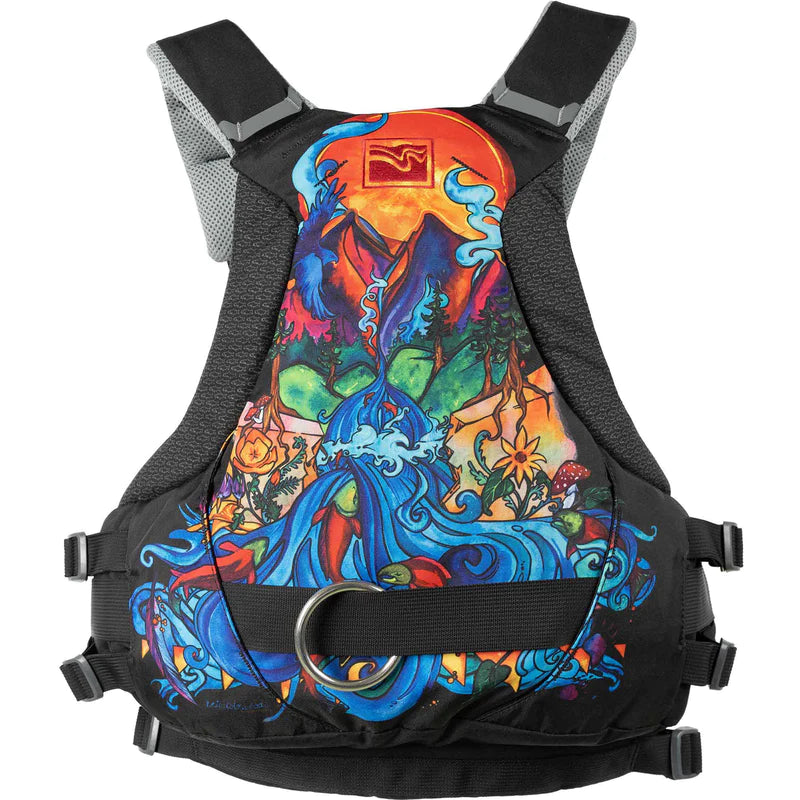 Colorfully designed HustleR Rescue PFD with artistic graphics and made from Rip-stop Nylon by Kokatat.