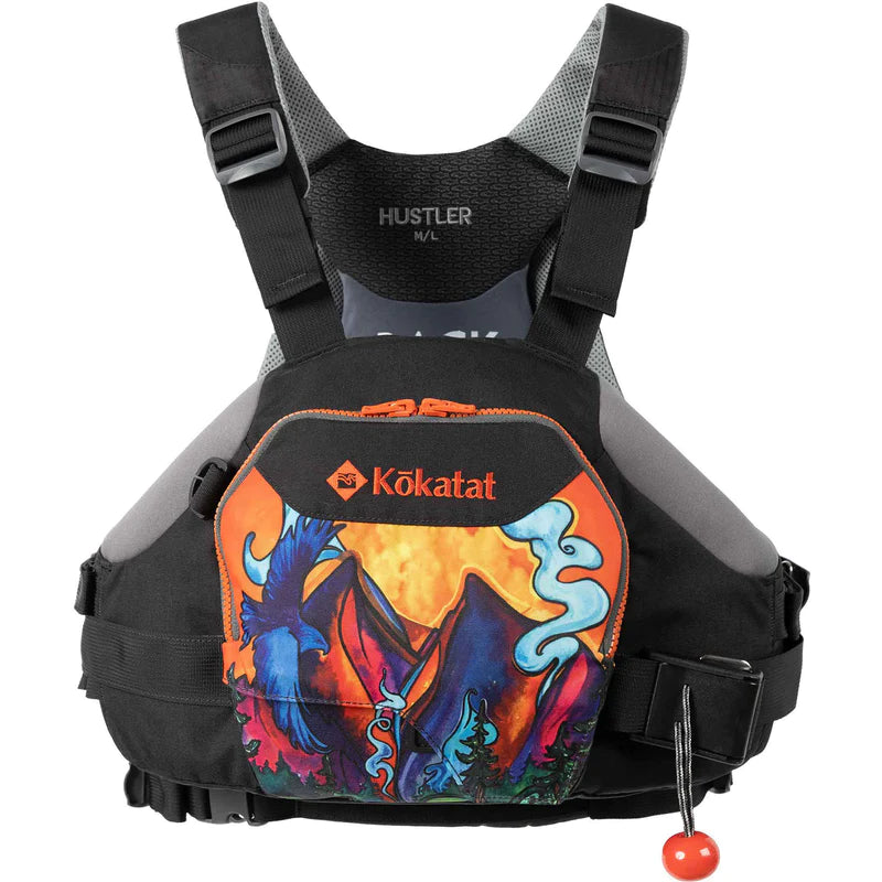 A colorful Kokatat HustleR Rescue PFD with a fire and water yin-yang design displayed against a white background, made from durable rip-stop nylon.