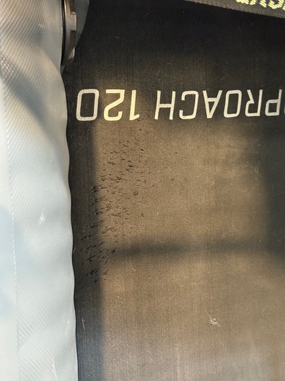 Close-up of a treadmill belt labeled "PROACH 120" with visible wear, reminiscent of the durability seen on an NRS Approach Fishing Raft - Floor Model after many outdoor adventures.