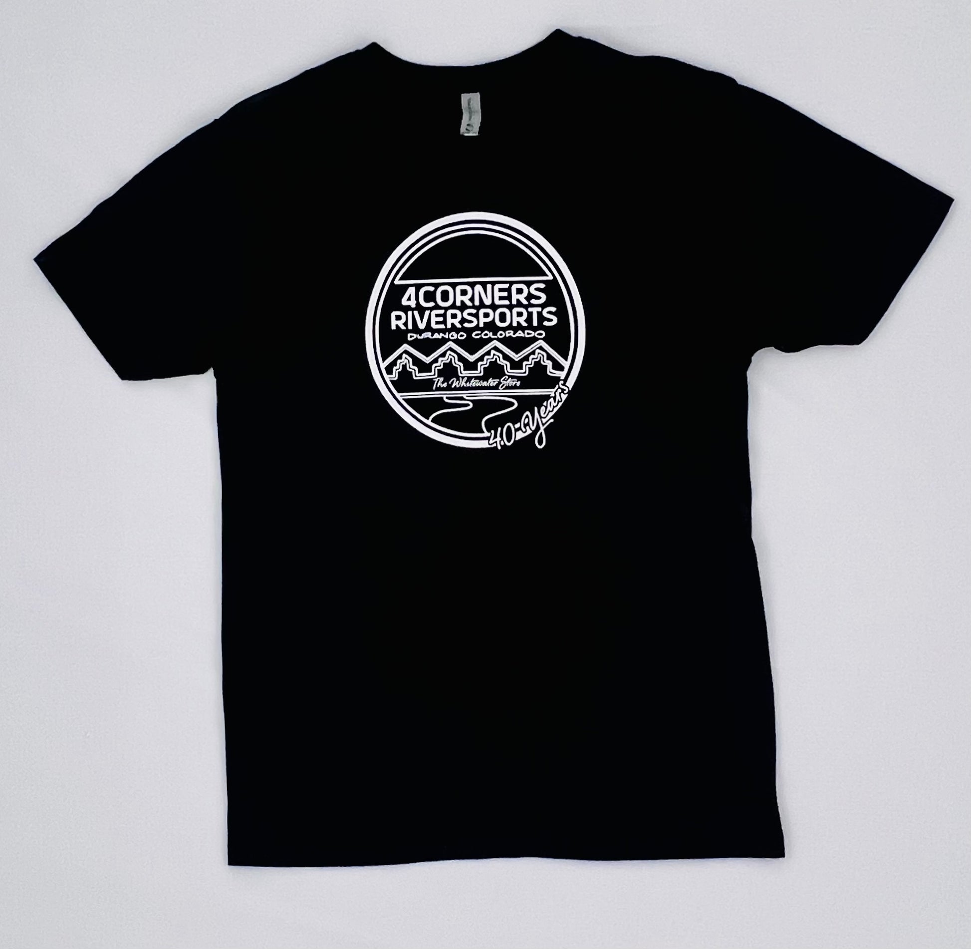 A 40 Years T-Shirt from 4Corners Riversports with a white logo on it.
